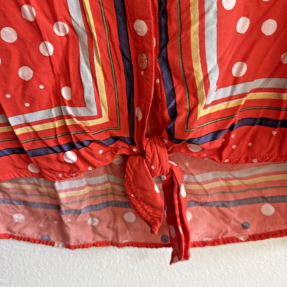 Anthropologie Maeve Elan Scarf Shirt Size 16 Button Tie Front Top Orange dots - Picture 3 of 6